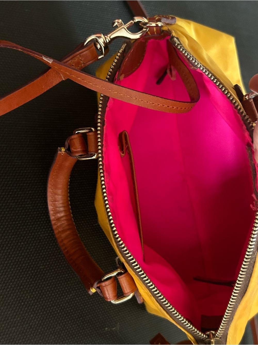 Dooney & Bourke Yellow Nylon Dome Satchel with Brown Leather Trim - Picture 4 of 14
